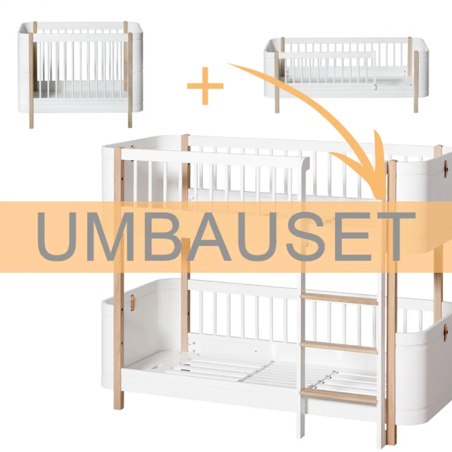 Hot Oliver Furniture Umbauset Wood Mini+ Basic und Geschwisterset zum halbhohen Etagenbett Weiu00df/Eiche